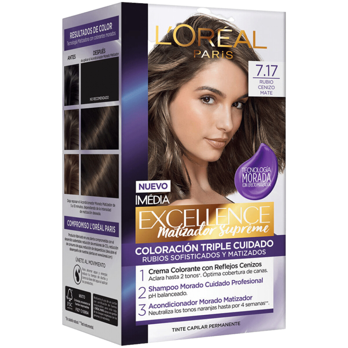 Tinta L'Oréal Paris Excellence Creme N°7.17 Rubio Cenizo Matte 