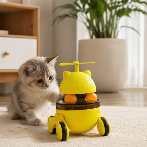 Juguete Estimulador Para Gato Dispensador De Snacks Ruedas Amarillo