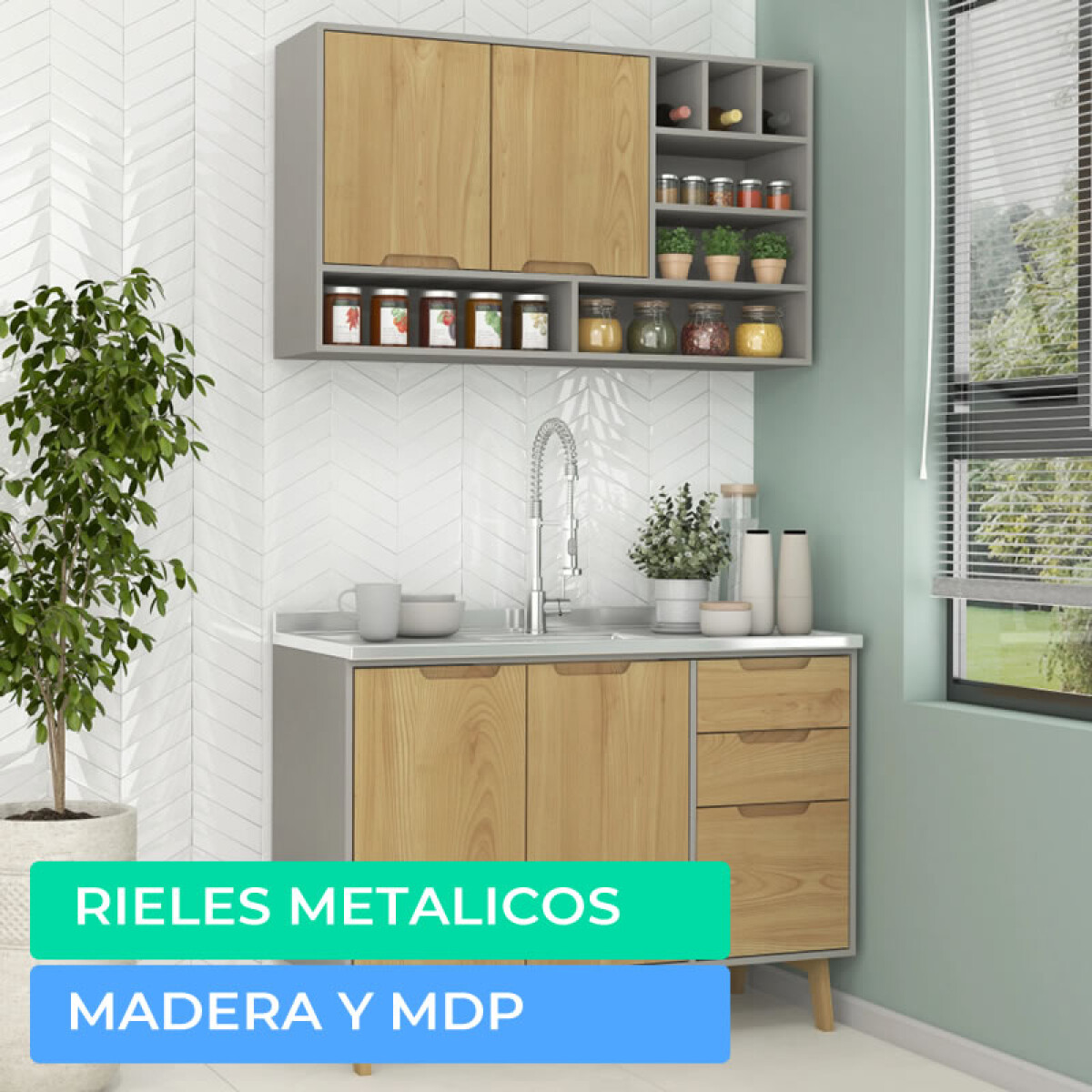 Combo de Cocina de Bajo Mesada y Aéreo Modular con Vinera Línea Melilla - MDP - MADERA - Cinza 