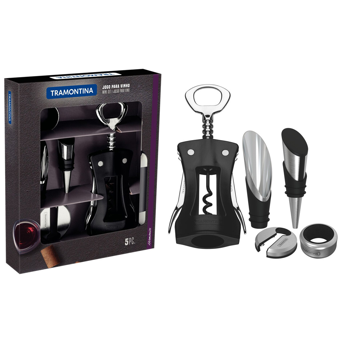 Kit para Vino 5 Piezas Sacacorchos Tramontina Harmoniza + Accesorios 