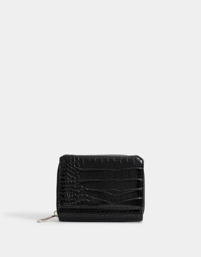 Billetera Clasico Billetera Cuerina Croco Con Solapa - Negro