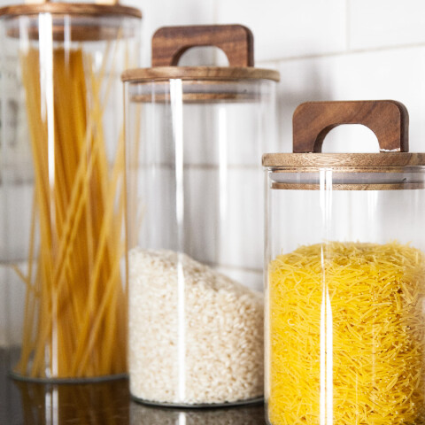Contenedor de vidrio tapa madera con manija 1300ml