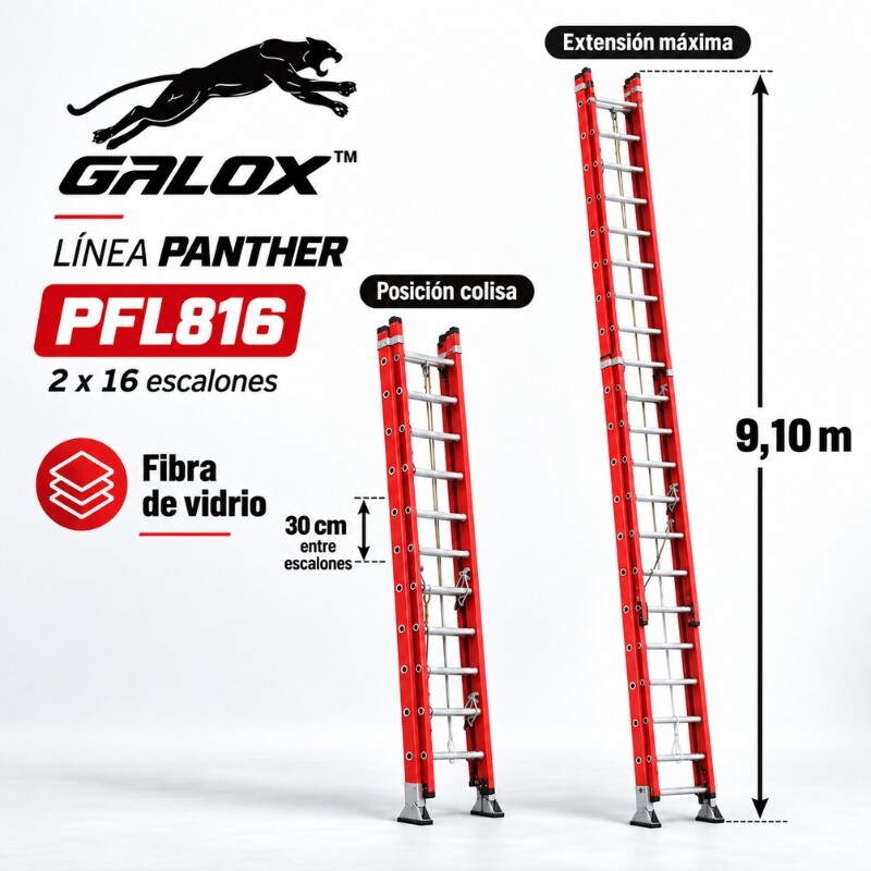 GALOX ESCALERA COLISA FIBRA DE VIDRIO AISLANTE PANTHER 2X16 ESCALONES 9.10M Galox Escalera Colisa Fibra De Vidrio Aislante Panther 2x16 Escalones 9.10m