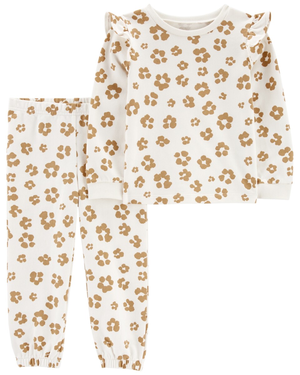 Set dos piezas pantalón y remera manga larga con volados de algodón con felpa diseño leopardo 