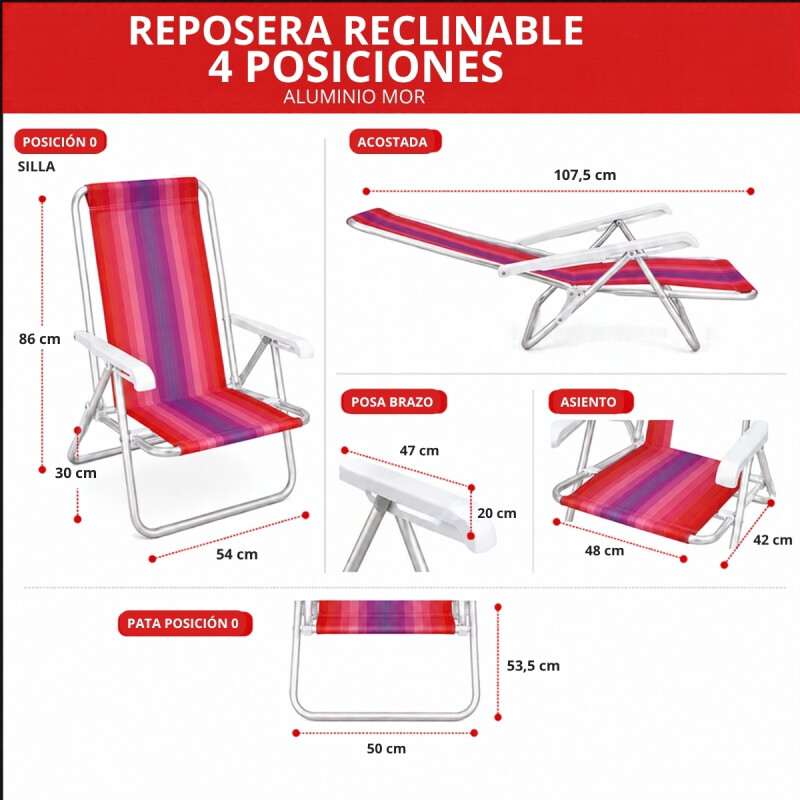 Set x2 Silla reclinable 4 posiciones aluminio ROJO
