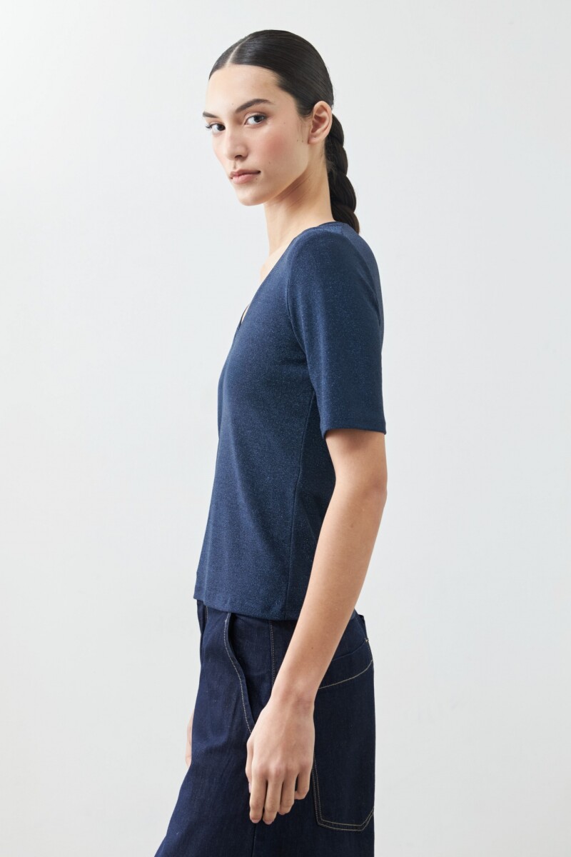 Remera lurex escote V azul marino
