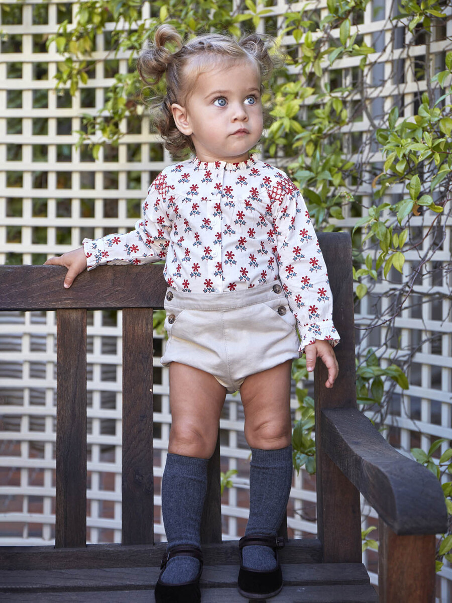 Camisa Estampada Con Bordado En Hombro Blanco Roto