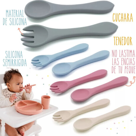 Set Comida Bebé Plato c/ Divisiones y Tapa + Cuchara Tenedor Gris