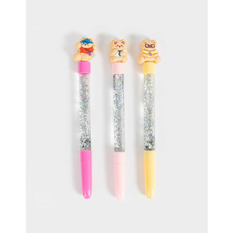 Set De 3 Lapiceras Con Líquido En Estuche De Pvc Estampado Combinacion Multicolor