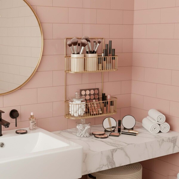 Organizador de Baño Metálico P/ Colgar con 2 Niveles Estante Color Dorado