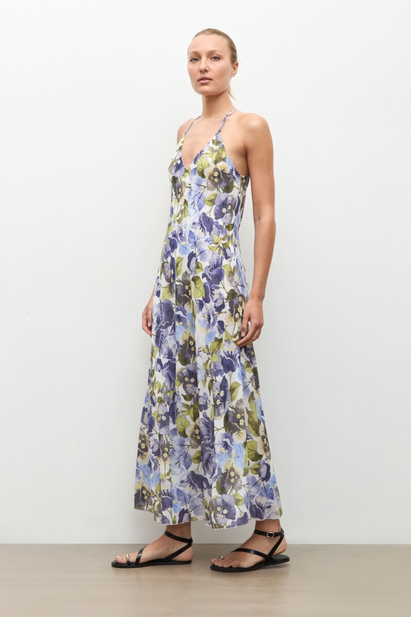 Maxi vestido estampa Santa Rita azul piedra