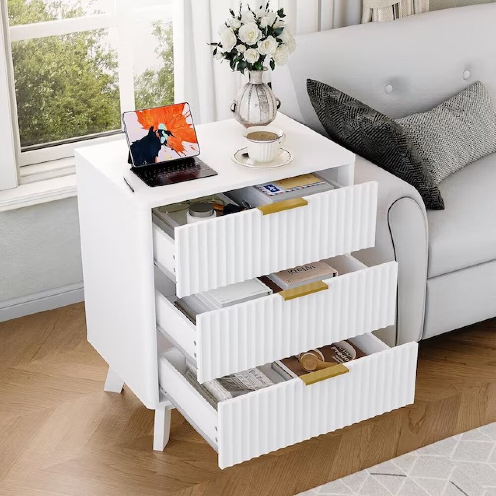 MESA DE LUZ GRAN TAMAÑO / CÓMODA 3 CAJONES - CON ENCHUFE blanco