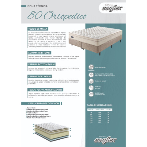 ECOFLEX- COLCHON 2 PLAZAS ORTOPEDICO D80 158X198X30 ECOFLEX- COLCHON 2 PLAZAS ORTOPEDICO D80 158X198X30