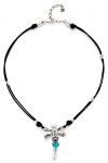 COLLAR DE CUERO Y LIBÉLULA BAÑADO EN PLATA DE LEY CON CRISTALES PLATA / BLANCO