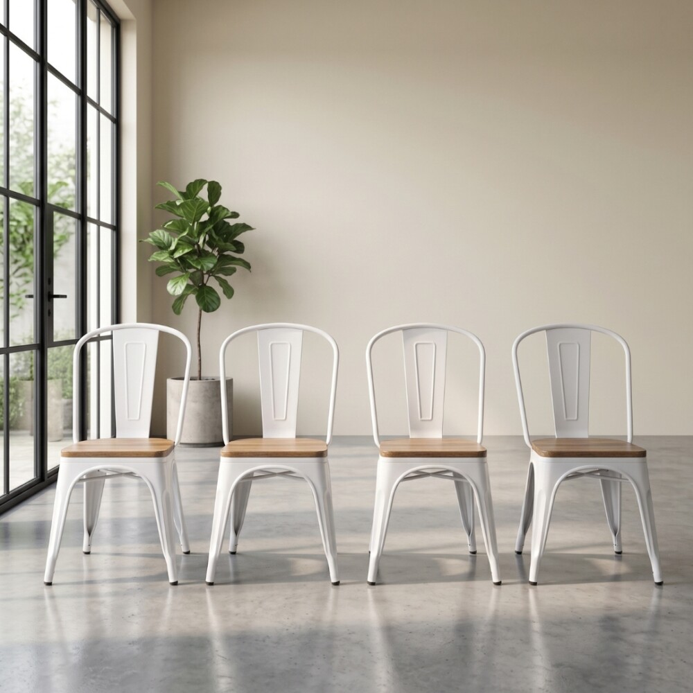 Silla Tolix Pack 4 unidades Metálica Asiento En Madera Blanco