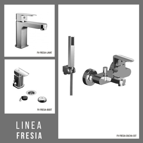 JUEGO DE GRIFERIA COMPLETO,INCLUYE DUCHA EXTERIOR, LAVATORIO BAJO Y BIDET LINEA FRESIA FV 000