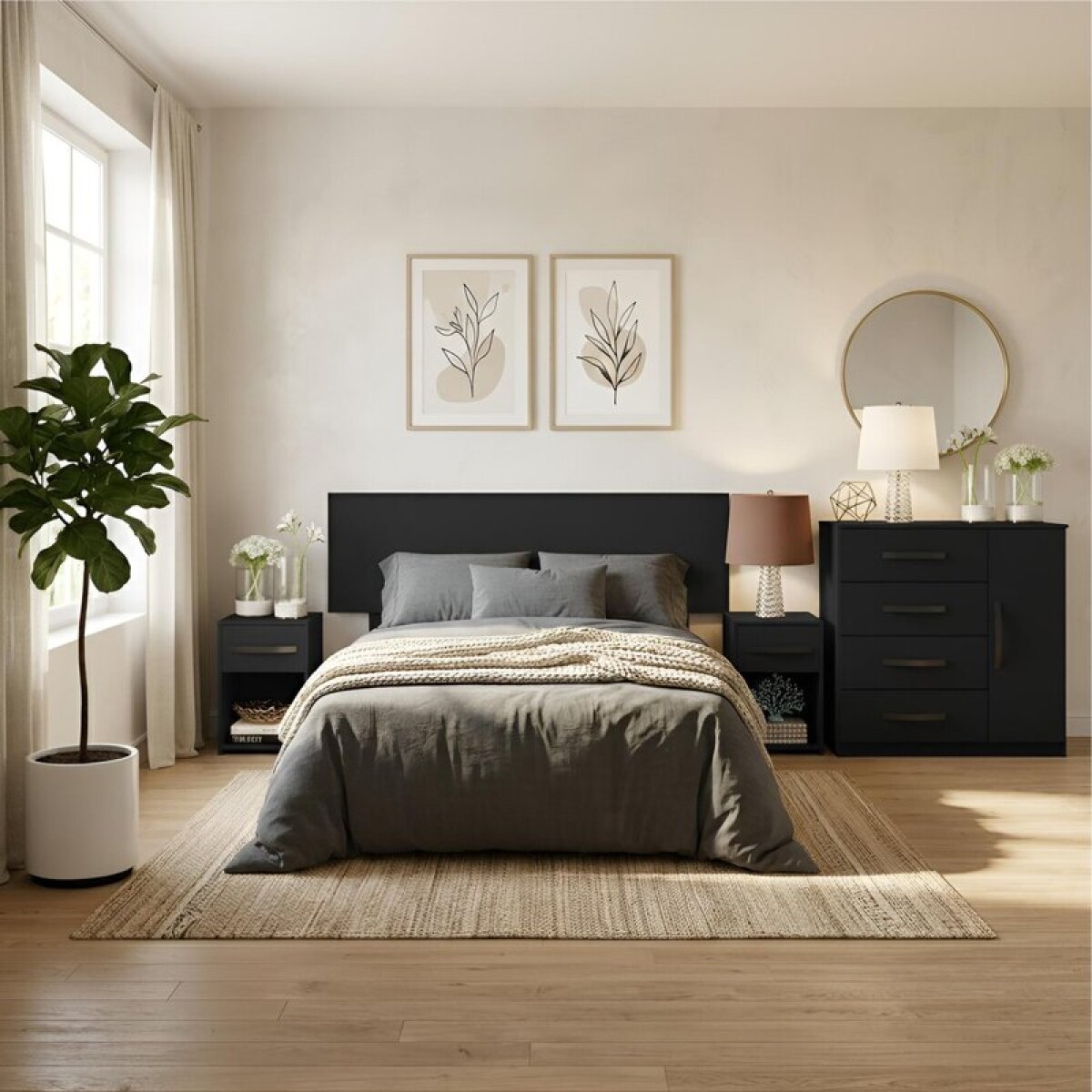 Combo Respaldo, 2 Mesas de Luz y Cómoda - MDP - Negro 