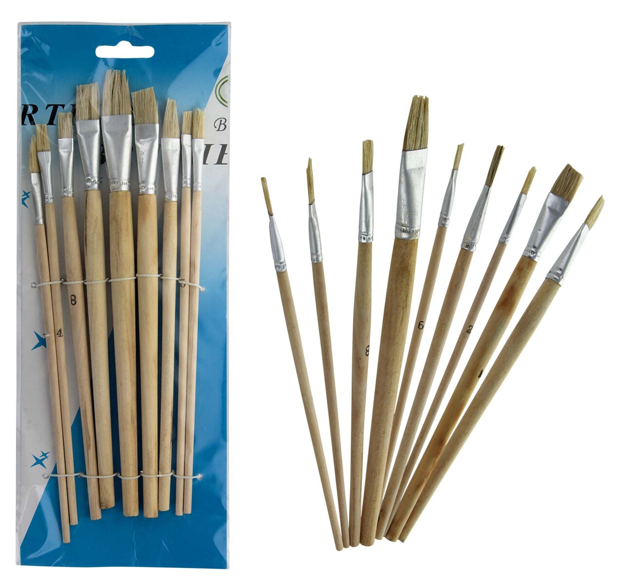 PINCELES X9PCS PUNTA CHATA MANGO MADERA DIFERENTES TAMAÑOS BLISTER 15099 