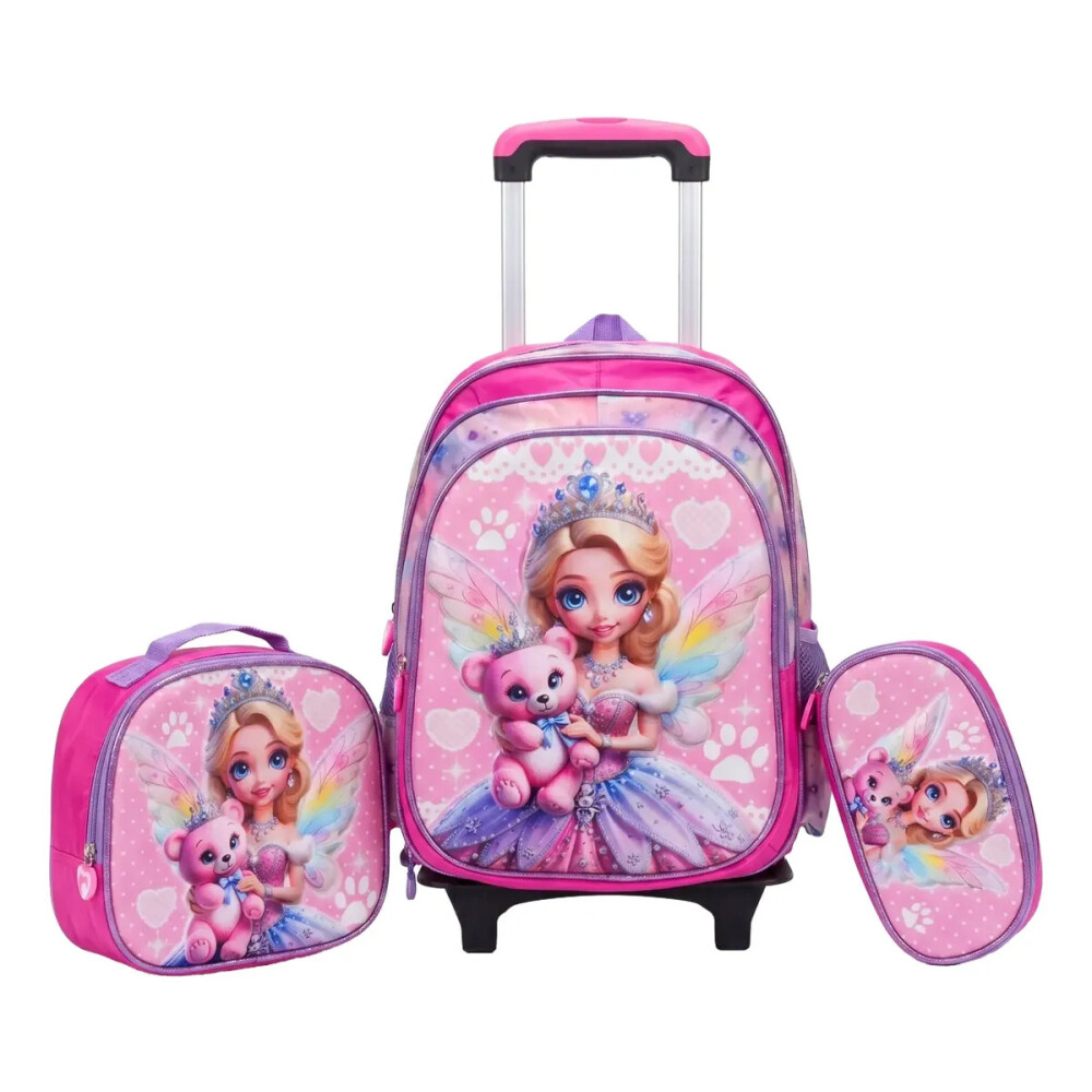 Mochila con carrito, lonchera y cartuchera. Princesa oso rosa