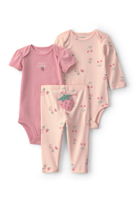 Set tres piezas de algodón, pantalón y bodies, rosado, diseño frutillas Sin color