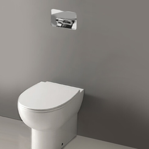 CISTERNA Y SOPORTE PARA INODORO DE PISO, PARA MURO SOLIDO CON CAÑO Y BOTON PULSADOR CROMO BRILLO PLACA P2 000
