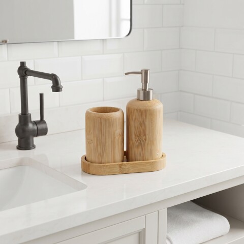 Set accesorios de baño de bambú con dispensador Set accesorios de baño de bambú con dispensador