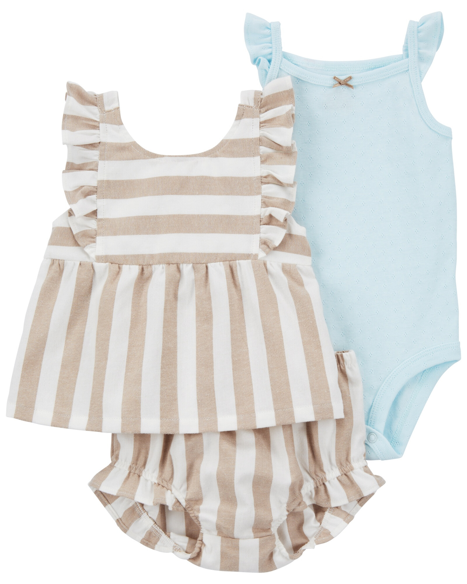 Set tres piezas de algodón, short, blusa y body con volados Set tres piezas de algodón, short, blusa y body con volados