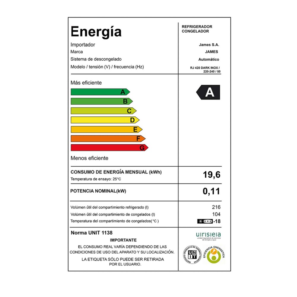 HELADERA JAMES FRÍO SECO 352-LITROS NEGRO RJ 420