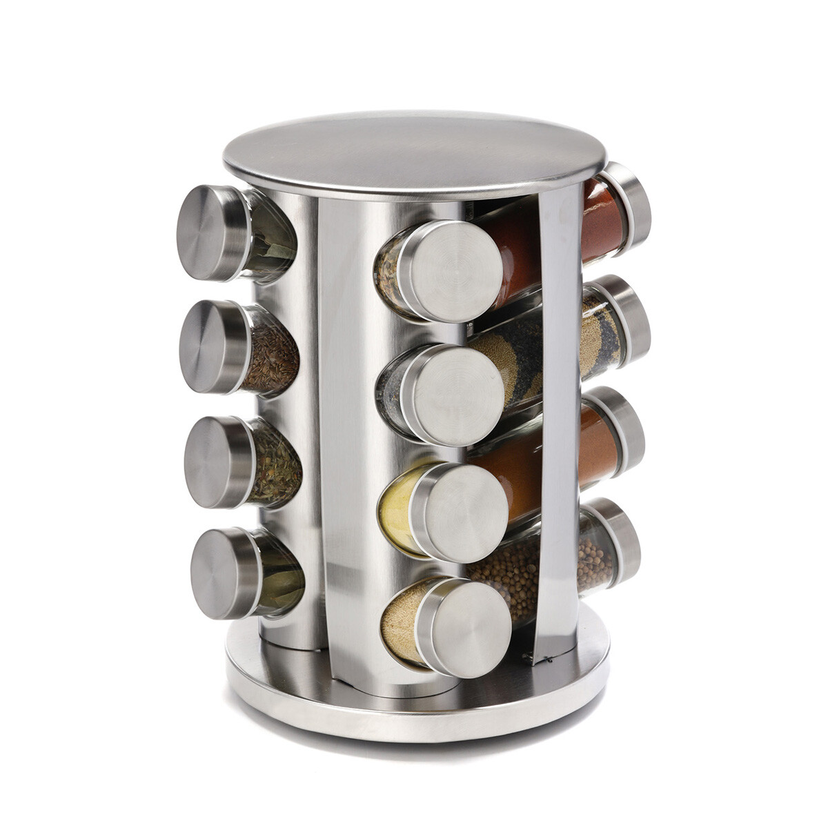 Especiero Giratorio Para Cocina de Acero Inoxidable 16 Frascos de Vidrio 