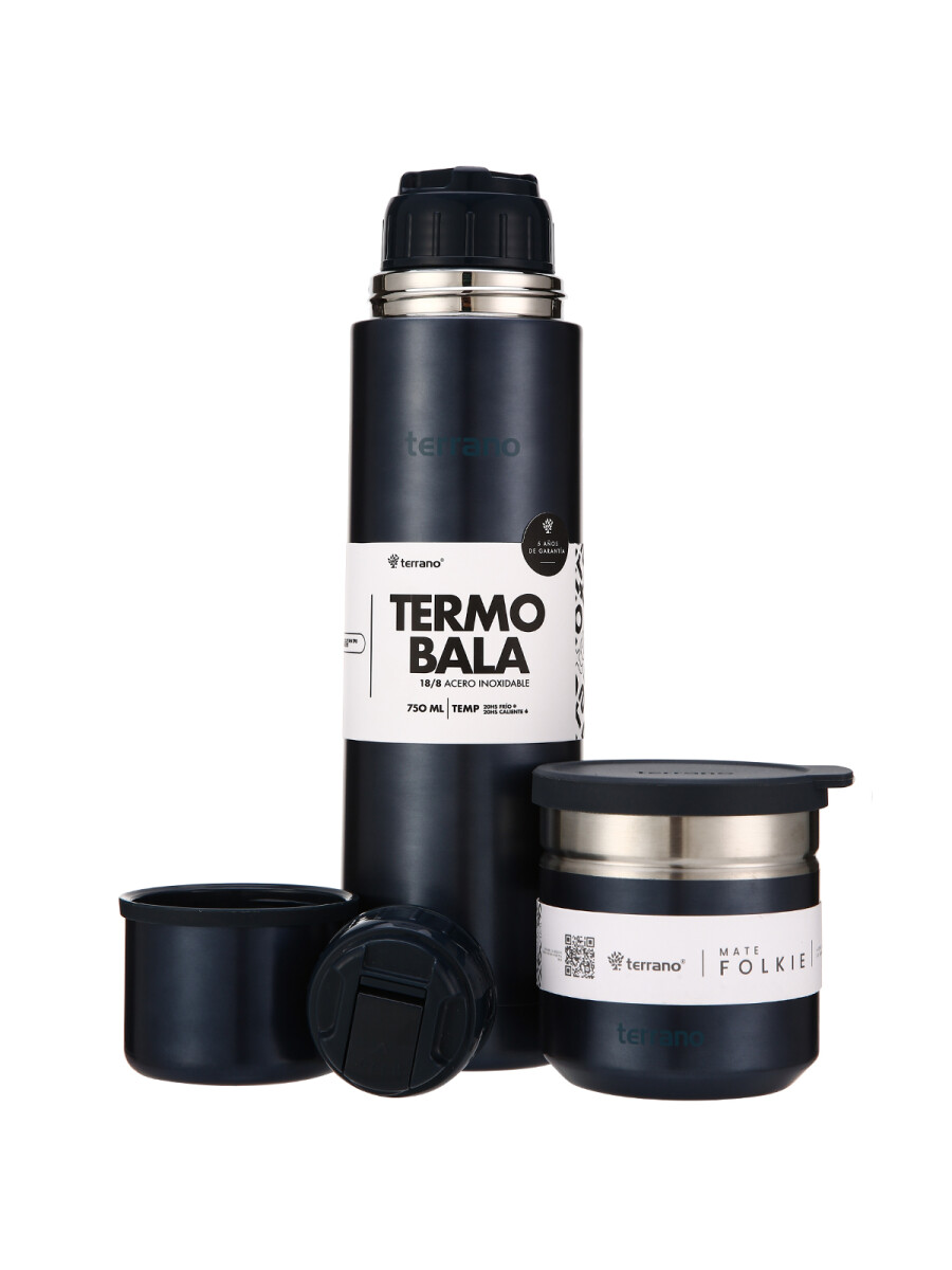 Kit Termo Acero Bala Metalizado 750mL + Mate Folkie - Azul 