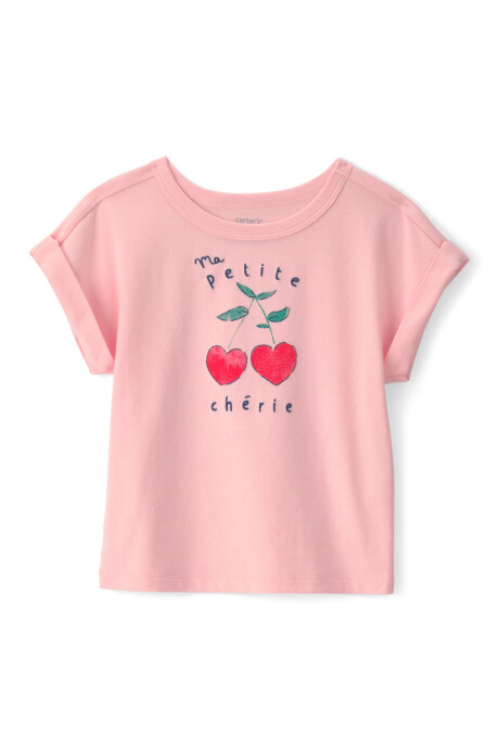 Remera de algodón, manga corta, rosada, estampa cerezas Remera de algodón, manga corta, rosada, estampa cerezas