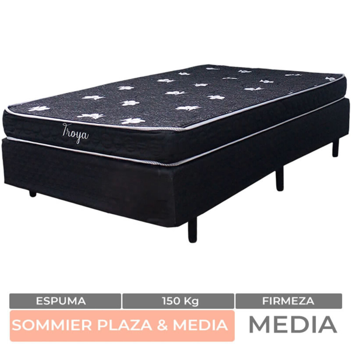PLAZA Y MEDIA + BOX - Conjunto de Sommier Troya Espuma de plaza 1 y 1/2 Plaza 190x110x50 150K 