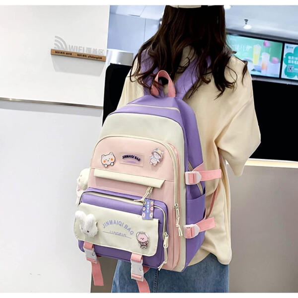 Set Mochila Impermeable Kawaii Estilo Coreano 5 Piezas Variante Color Violeta