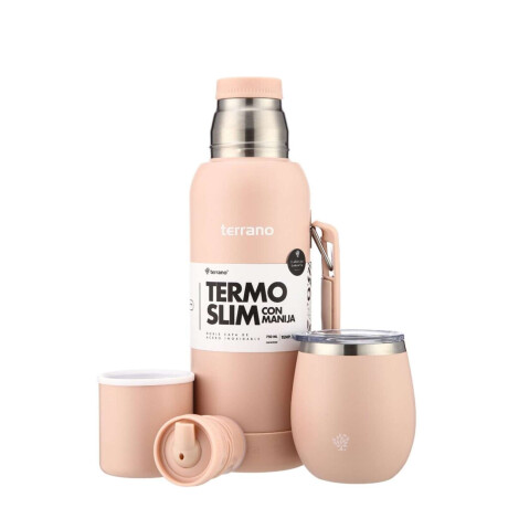 Kit Termo 750Ml. Slim Con Manija + Mate De Acero Con Tapa Rosado