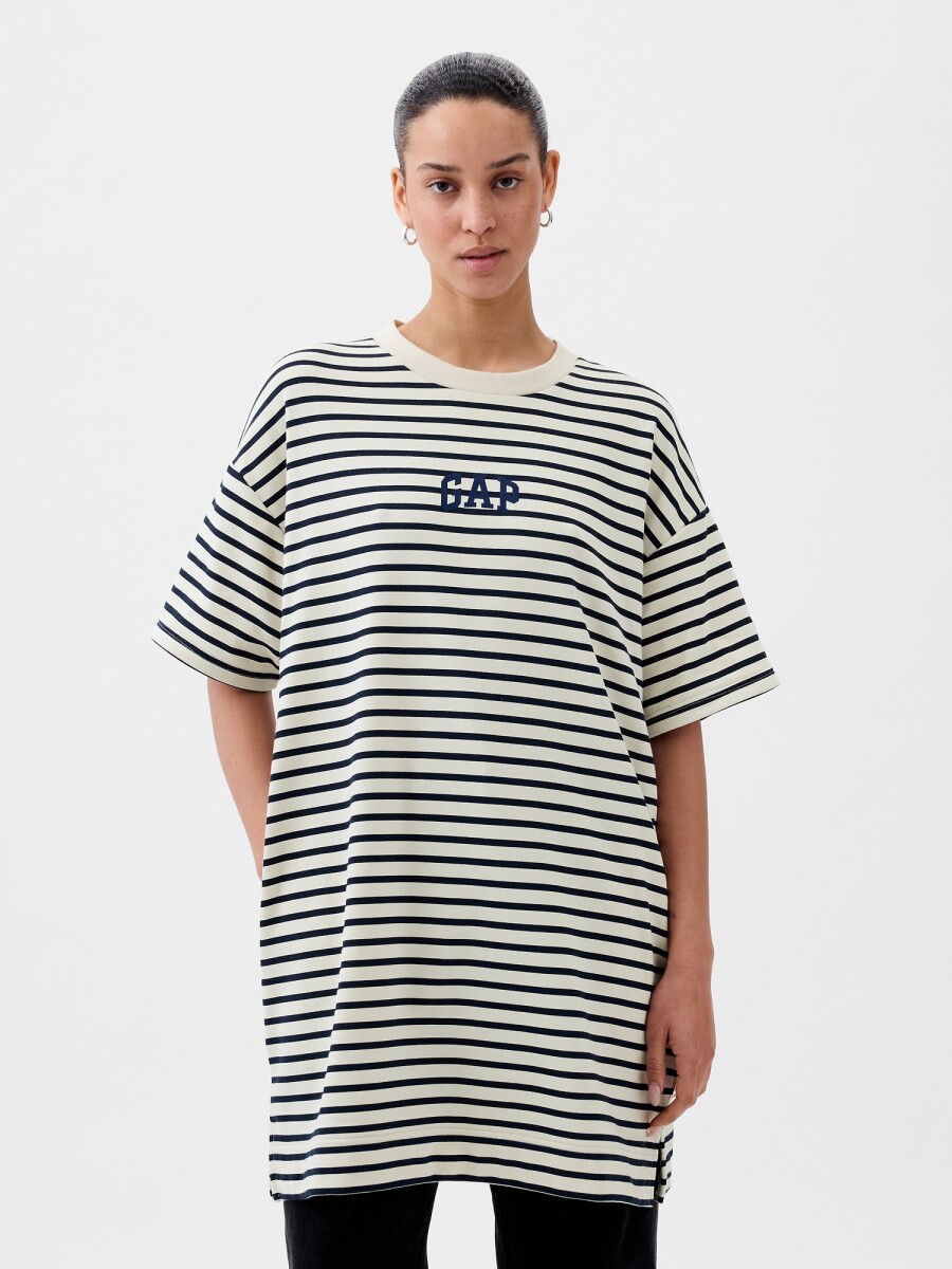 Vestido Logo Gap A Rayas Sin Felpa Mujer - White Navy Stripe 