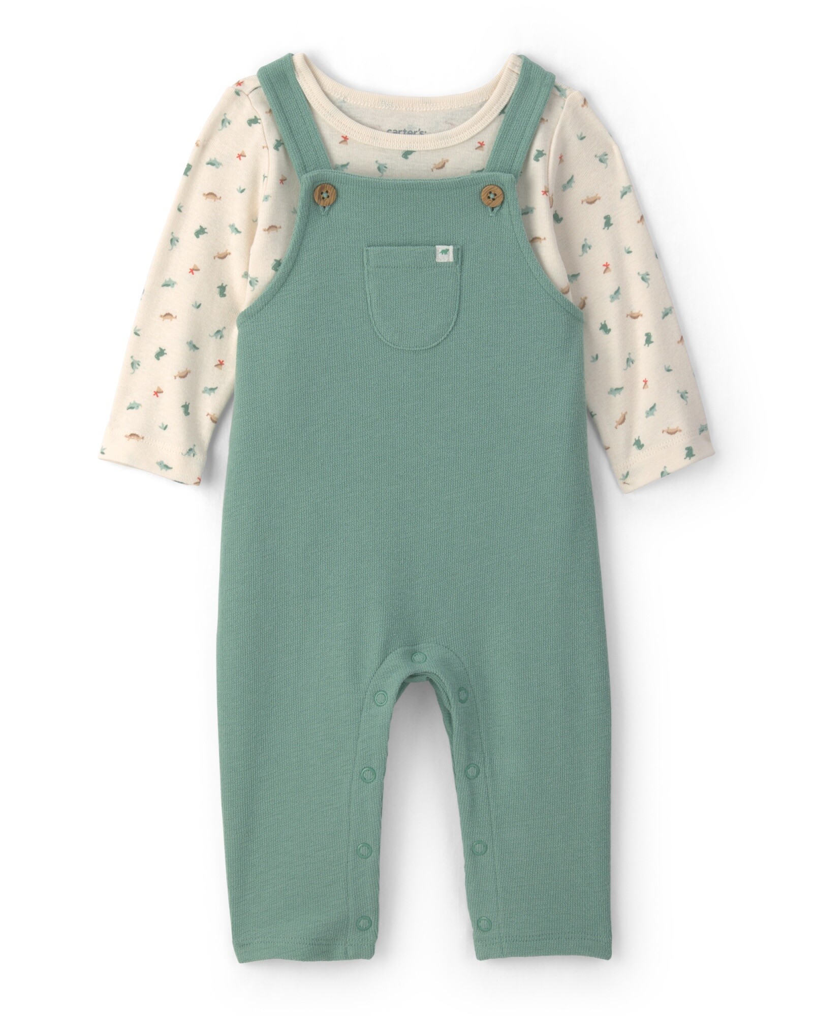 Set dos piezas de algodón, enterito y remera, verde y crema, diseño dinos Sin color