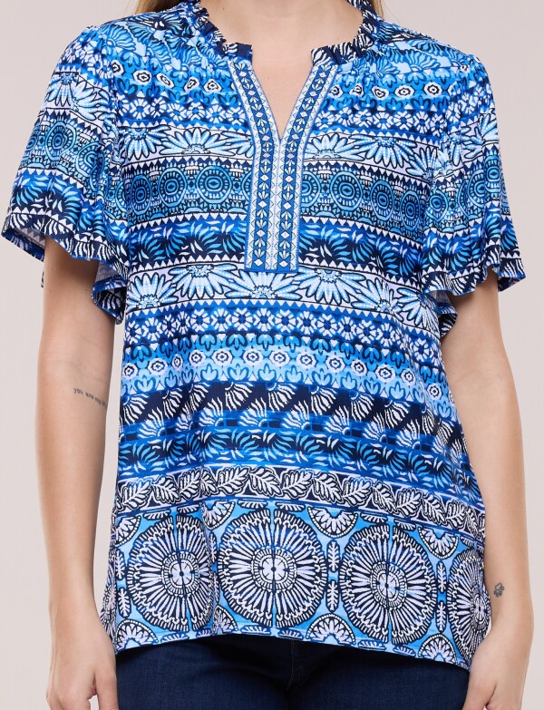 Blusa Estampada Con Escote V Y Manga Mariposa AZUL/MULTI