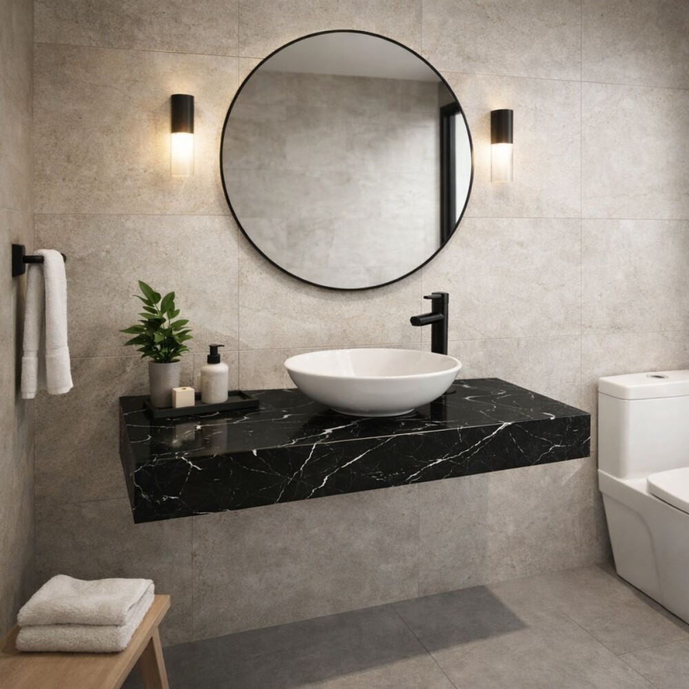 Mesada suspendida en porcelanato PERI 80 Negro Pulido con bacha de loza Mesada Suspendida En Porcelanato Peri 80 Negro Pulido Con Bacha De Loza