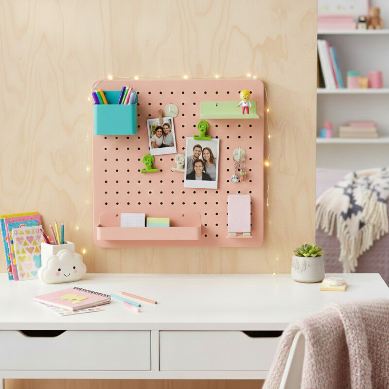 Panel perforado pegboard metálico organizador de pared 40x40 cm – Multiuso para el hogar Rosado