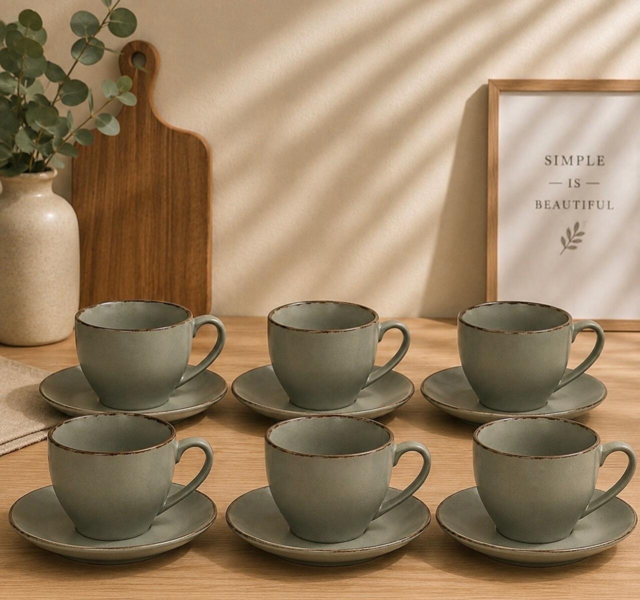 Juego de 6 Tazas para Café con Platillos de Cerámica Verde 250 ml 