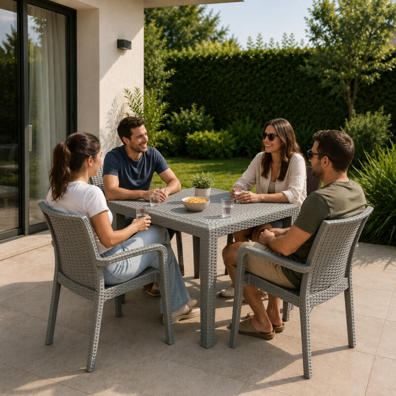 Juego de jardín 4 sillas con apoya brazo + mesa simil ratán 90x90cm GRIS