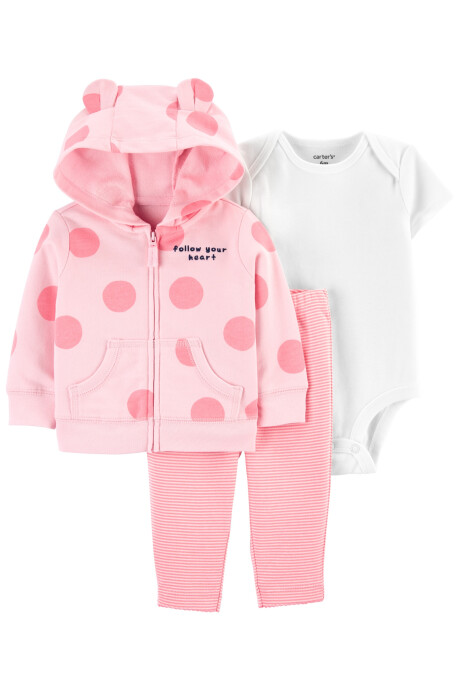 Set tres piezas de algodón, campera, pantalón y body, diseño a lunares Set tres piezas de algodón, campera, pantalón y body, diseño a lunares