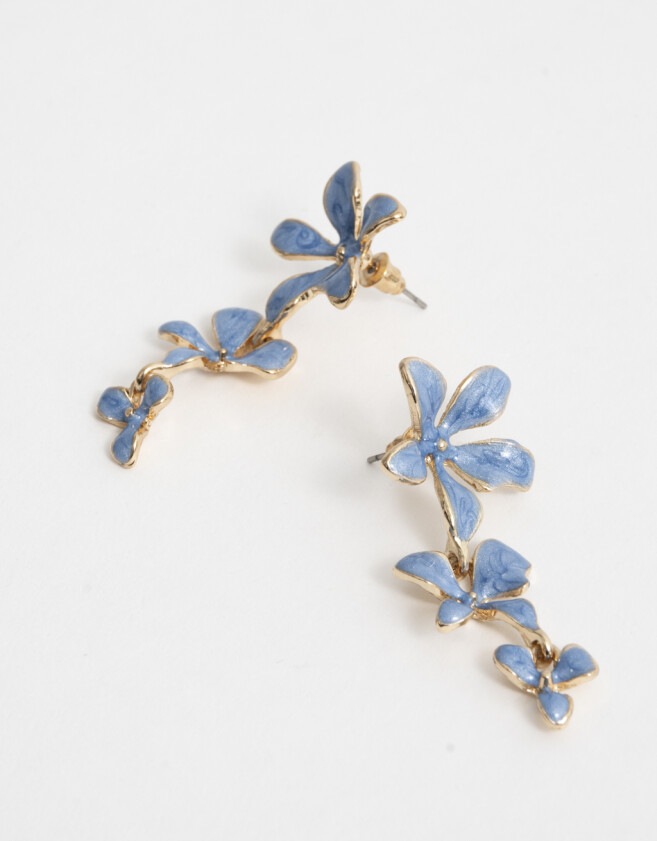 Aros Colgantes Largos Azul Aros Largos Con Flores - Dorado