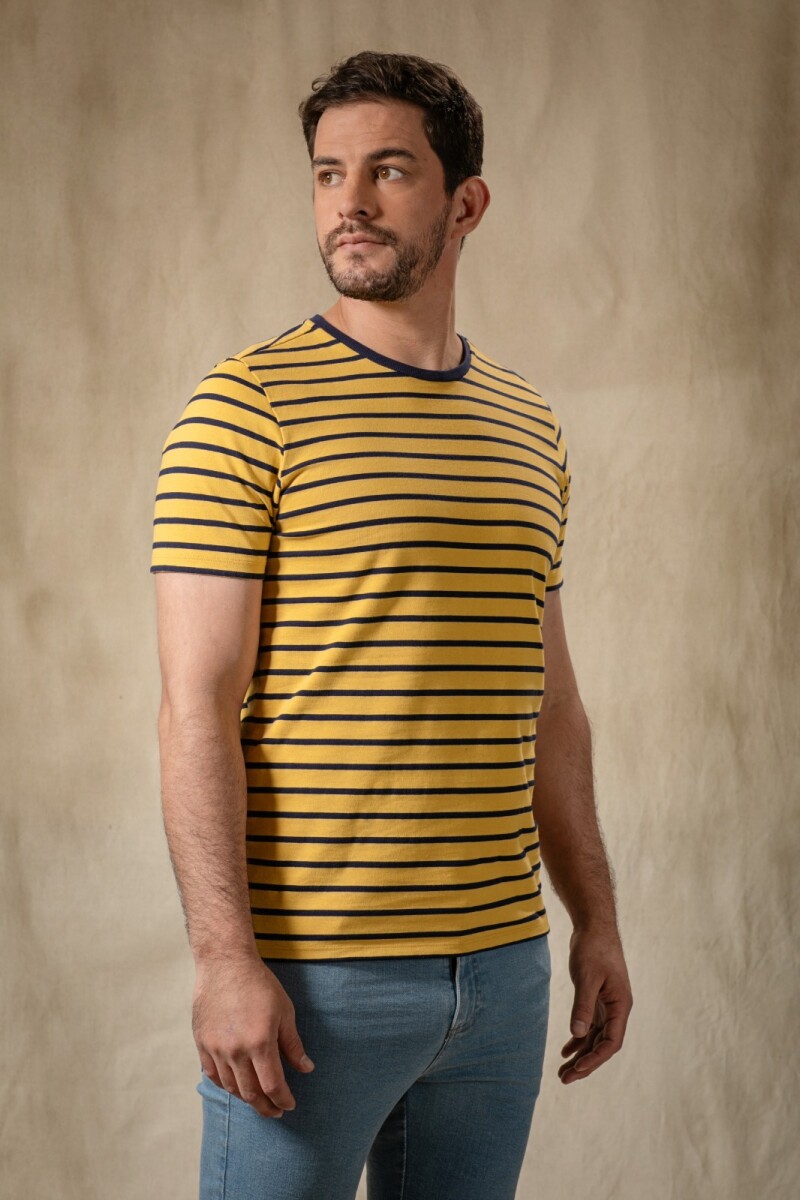 Remera Combinada. - Rayas Mostazas y Azul 
