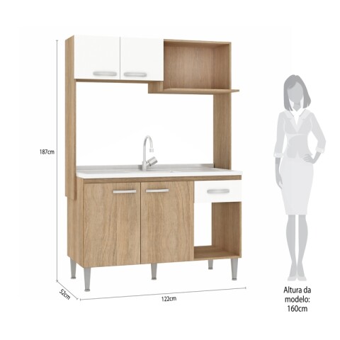 Kit de cocina compacta 4 puertas 1 cajón Patas Ajustables y Rieles Metálicos 122 x 52 x 187cm - Carvale / Blanco Kit de cocina compacta 4 puertas 1 cajón Patas Ajustables y Rieles Metálicos 122 x 52 x 187cm - Carvale / Blanco