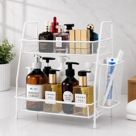 Estante Organizador Multiuso de 2 Niveles con Canasto Lateral - BLANCO Estante Organizador Multiuso de 2 Niveles con Canasto Lateral - BLANCO