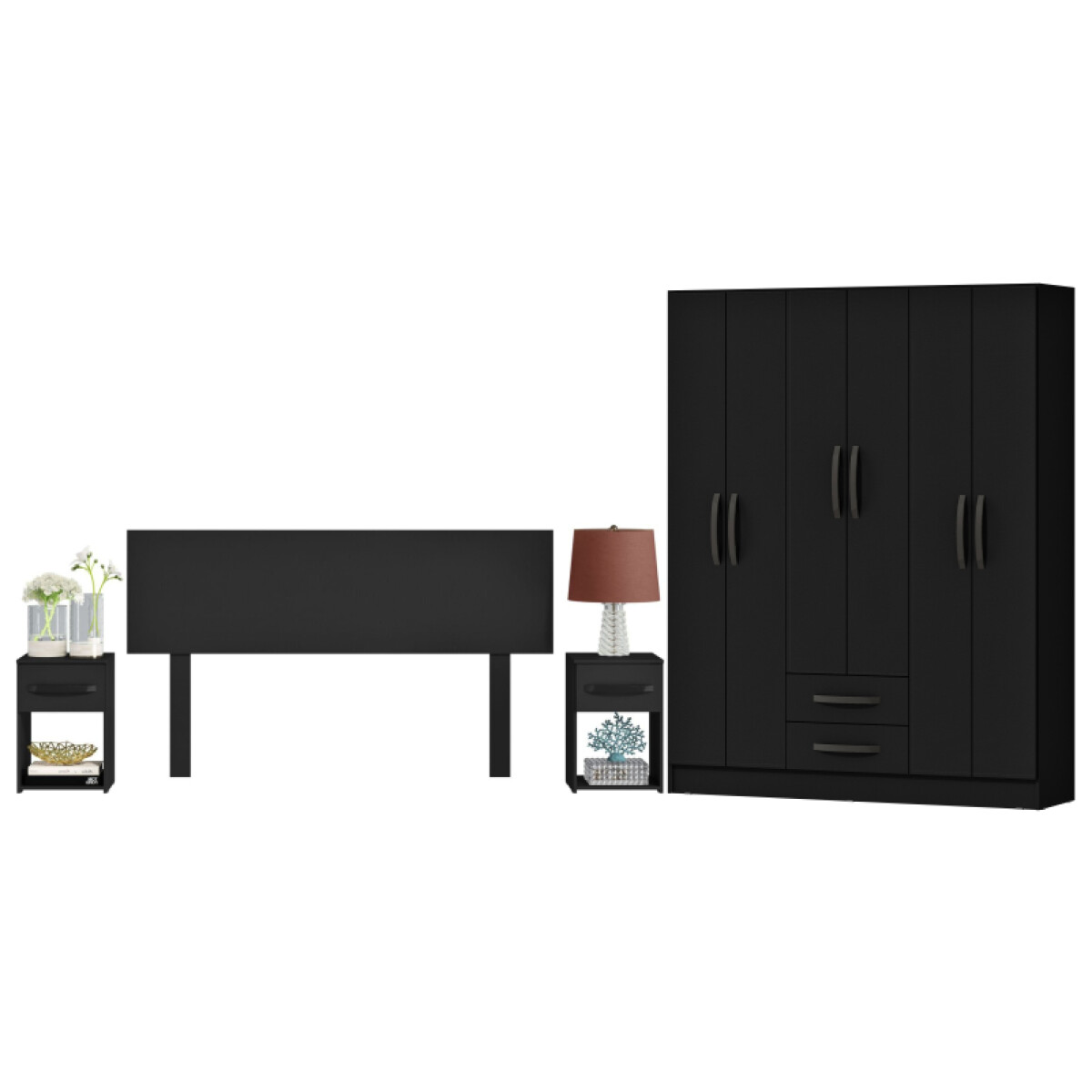 Combo Armario 6 Puertas, Respaldo, Mesas de luz - MDP - Negro 