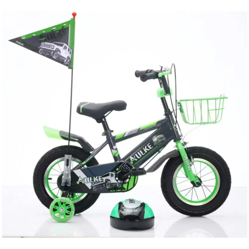 Bicicleta rodado 16 con rueditas, canasto, casco y banderita Verde