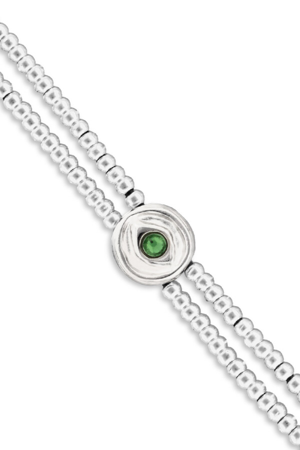PULSERA DE BOLAS DOBLE DE ALEACIÓN DE METALES BAÑADA EN PLATA CON DETALLE DE OJO Y CRISTAL EN VERDE Pulsera