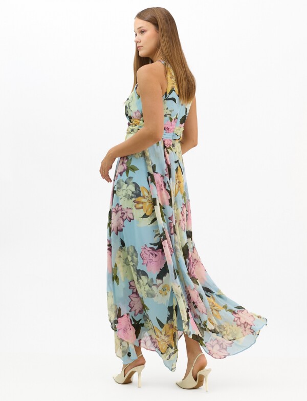 Vestido Largo Estampado Floral Con Cuello CELESTE/MULTI